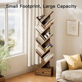 ONIJA Furniture Solid Sheesham Wood Book Shelf | Wooden Tree Shape Bookshelf | Free Standing Bookcase with Open 8 Shelf & One Drawer Storage | Book Shelf Organizer for Living Room